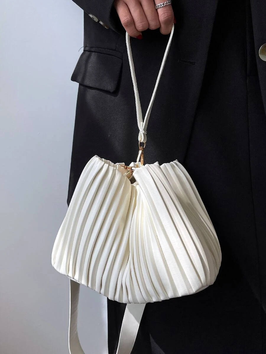 極簡風格頂部單條提帶褶邊水桶包 - 米色 - 查看 1