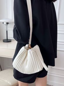 極簡風格頂部單條提帶褶邊水桶包 - 米色 - 查看 2