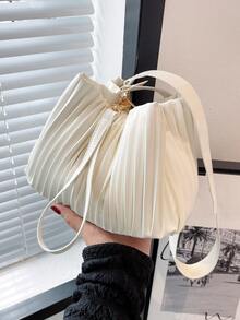 極簡風格頂部單條提帶褶邊水桶包 - 米色 - 查看 3
