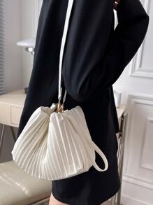極簡風格頂部單條提帶褶邊水桶包 - 米色 - 查看 5
