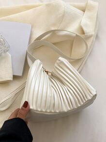 極簡風格頂部單條提帶褶邊水桶包 - 米色 - 查看 6