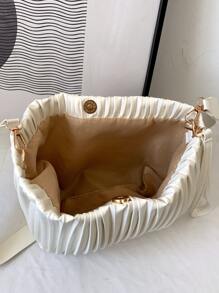 極簡風格頂部單條提帶褶邊水桶包 - 米色 - 查看 7