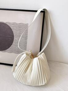 極簡風格頂部單條提帶褶邊水桶包 - 米色 - 查看 8