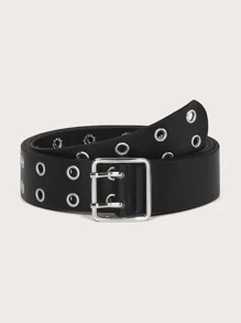 Eyelet Decor Square Buckle Belt - Black - View 1