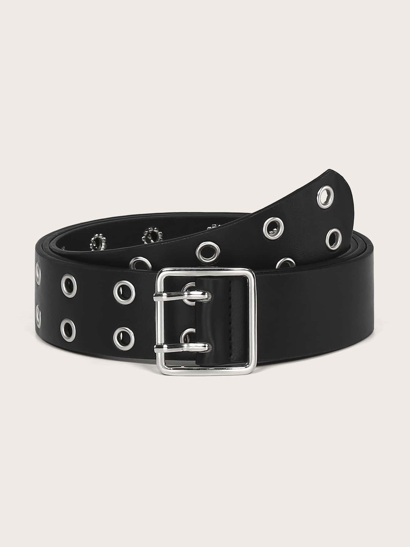 Eyelet Decor Square Buckle Belt - Black - View 1
