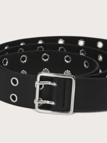 Eyelet Decor Square Buckle Belt - Black - View 4