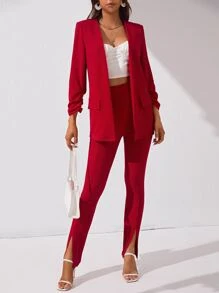 SHEIN Tall Ruched Cuff Open Front Blazer & Split Hem Trousers - Red - View 1