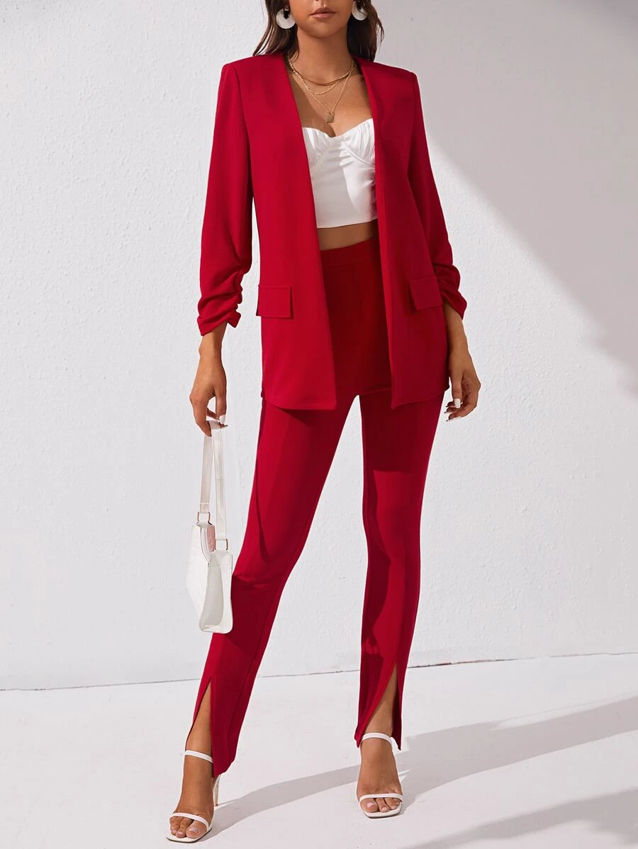 SHEIN Tall Ruched Cuff Open Front Blazer & Split Hem Trousers - Red - View 1