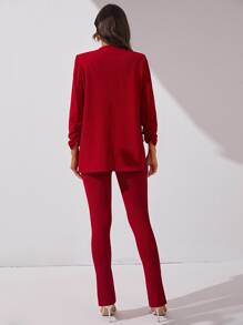 SHEIN Tall Ruched Cuff Open Front Blazer & Split Hem Trousers - Red - View 2
