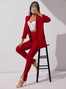 SHEIN Tall Ruched Cuff Open Front Blazer & Split Hem Trousers - Red - View 4
