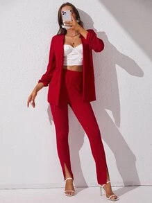 SHEIN Tall Ruched Cuff Open Front Blazer & Split Hem Trousers - Red - View 5