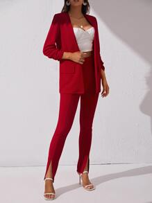 SHEIN Tall Ruched Cuff Open Front Blazer & Split Hem Trousers - Red - View 6