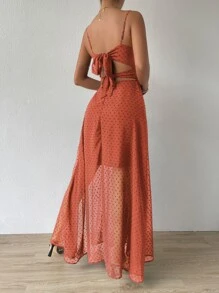 SHEIN Belle 圓點前扭結後背繫帶吊帶連衣裙 - 橘色 - 查看 2