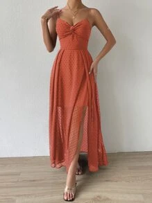 SHEIN Belle 圓點前扭結後背繫帶吊帶連衣裙 - 橘色 - 查看 4
