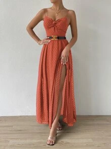 SHEIN Belle 圓點前扭結後背繫帶吊帶連衣裙 - 橘色 - 查看 5