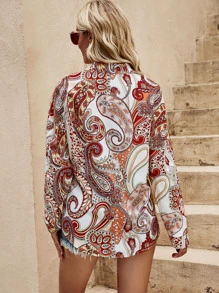 SHEIN Holidaya Paisley Print Single Breasted Drop Shoulder Shirt - Multicolor - View 2