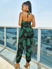 Tropical Print Halter Jumpsuit