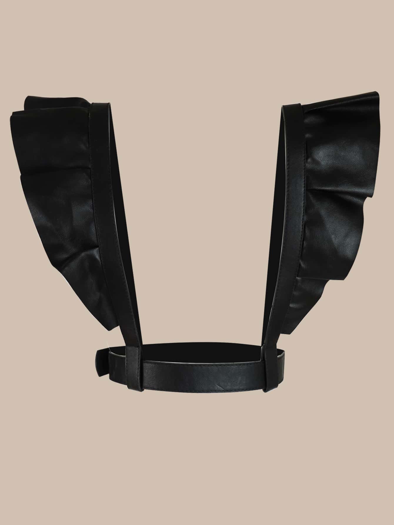 Ruffle Trim Square Buckle Harness Belt - Black - View 1