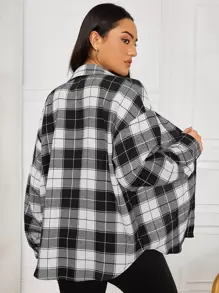 Muchica Plaid Print Drop Shoulder Shirt - Black and White - View 2