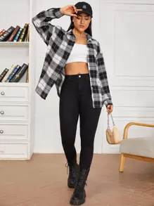 Muchica Plaid Print Drop Shoulder Shirt - Black and White - View 4