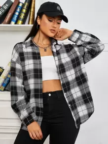 Muchica Plaid Print Drop Shoulder Shirt - Black and White - View 3