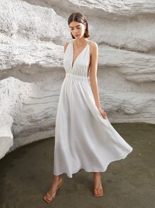 Solid Tie Backless Textured Dress - White - View 1
