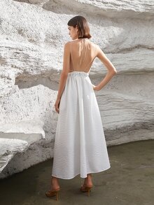 Solid Tie Backless Textured Dress - White - View 2