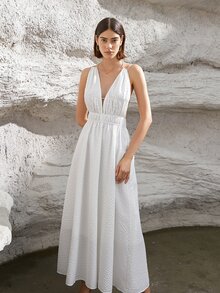 Solid Tie Backless Textured Dress - White - View 3