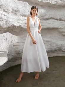 Solid Tie Backless Textured Dress - White - View 4