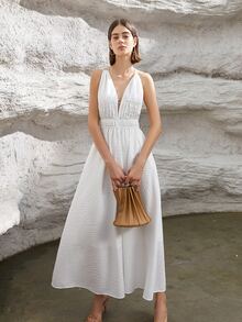Solid Tie Backless Textured Dress - White - View 6