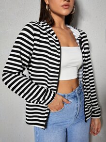 Muchica 條紋印花落肩袖運動衫 - 黑與白 - 查看 5