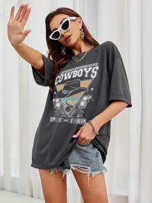 SHEIN EZwear 花卉和標語圖案T恤 - 深灰色 - 查看 3