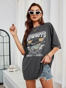 SHEIN EZwear 花卉和標語圖案T恤 - 深灰色 - 查看 5