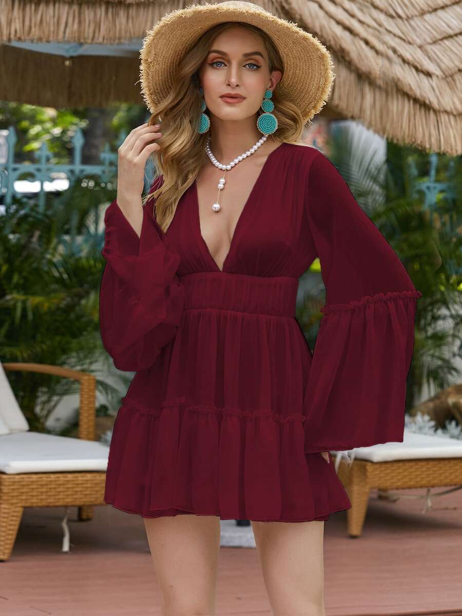 Missord Đầm viền lá sen Viên lá sen Dây kéo màu trơn Boho - Màu Đỏ Sâu - Xem 1