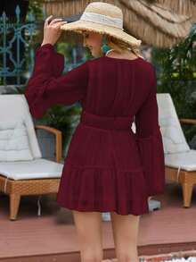 Missord Đầm viền lá sen Viên lá sen Dây kéo màu trơn Boho - Màu Đỏ Sâu - Xem 2