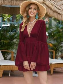 Missord Đầm viền lá sen Viên lá sen Dây kéo màu trơn Boho - Màu Đỏ Sâu - Xem 4