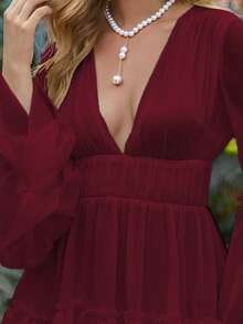 Missord Đầm viền lá sen Viên lá sen Dây kéo màu trơn Boho - Màu Đỏ Sâu - Xem 5