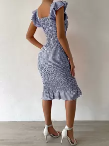 Chiquease Vertical Striped Shirred Ruffle Sleeve Mermaid Hem Bodycon Dress Maxi Women Outfit - Blue and White - View 2