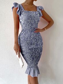 Chiquease Vertical Striped Shirred Ruffle Sleeve Mermaid Hem Bodycon Dress Maxi Women Outfit - Blue and White - View 6