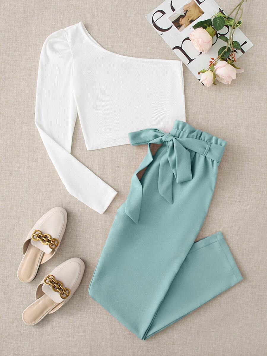 SHEIN LUNE One Shoulder Top & Paperbag Waist Belted Pants Set - Multicolor - View 1