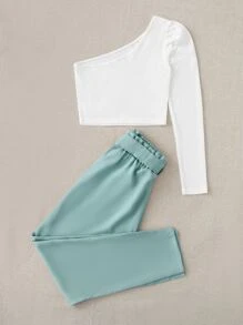 SHEIN LUNE One Shoulder Top & Paperbag Waist Belted Pants Set - Multicolor - View 2