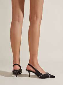 Zapatos de tacón de satén de punta abierta con decoración de strass y nudos, ideales para el Día de San Valentín - Negro - Ver 2