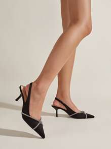 Zapatos de tacón de satén de punta abierta con decoración de strass y nudos, ideales para el Día de San Valentín - Negro - Ver 3