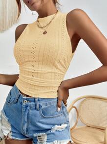 SHEIN Essnce 網眼刺繡褶邊背心上衣 - 黃色 - 查看 3