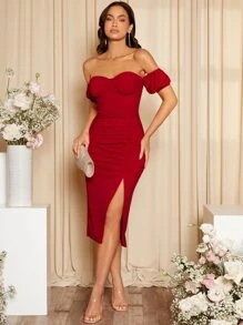 SHEIN Belle 一字肩褶邊高衩連衣裙 - 酒紅色 - 查看 5