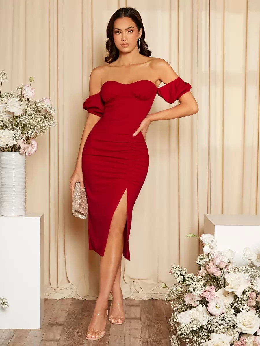 SHEIN Belle 一字肩褶邊高衩連衣裙 - 酒紅色 - 查看 1