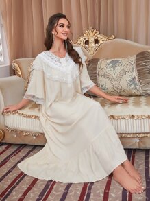 蕾丝边纽扣前褶边下摆睡裙睡衣长裙睡袍 - 杏色 - 查看 3