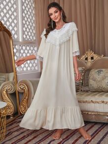 蕾丝边纽扣前褶边下摆睡裙睡衣长裙睡袍 - 杏色 - 查看 1