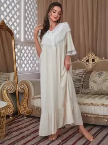 蕾丝边纽扣前褶边下摆睡裙睡衣长裙睡袍 - 杏色 - 查看 6