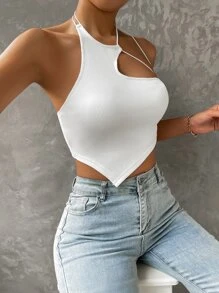 SHEIN ICON Asymmetrical Hem Halter Top - White - View 4